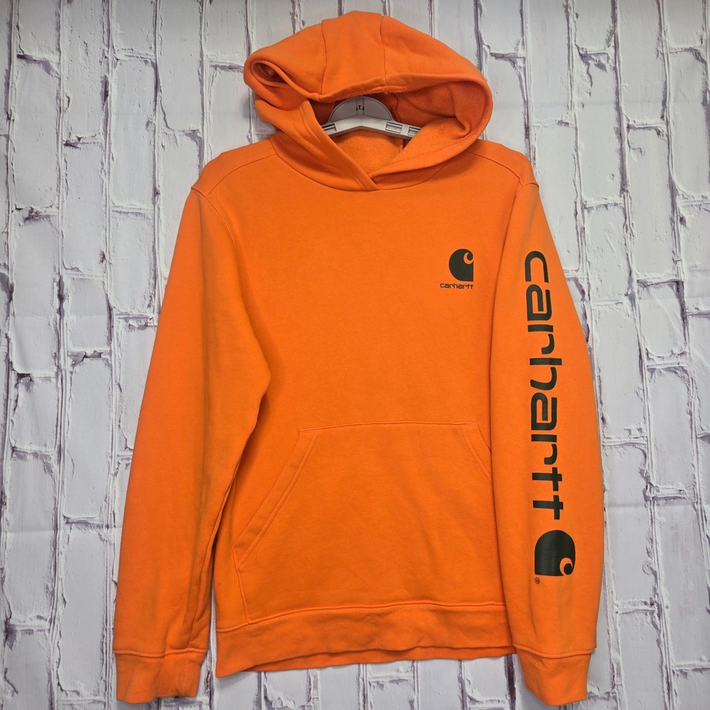 Carhartt Sleeve Logo Graphic Pullover Hoodie Safety Orange Work Mens Sz Small
